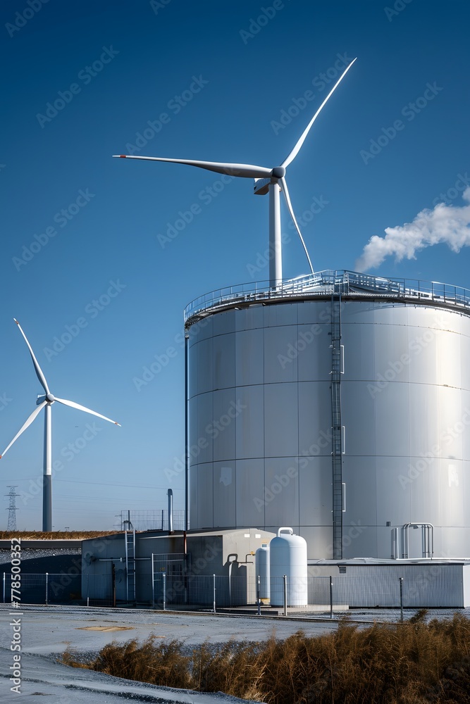 Hydrogen energy storage gas tank for clean electricity solar and wind turbine facility. Hydrogen energy storage gas tank for clean electricity solar and wind turbine facility.