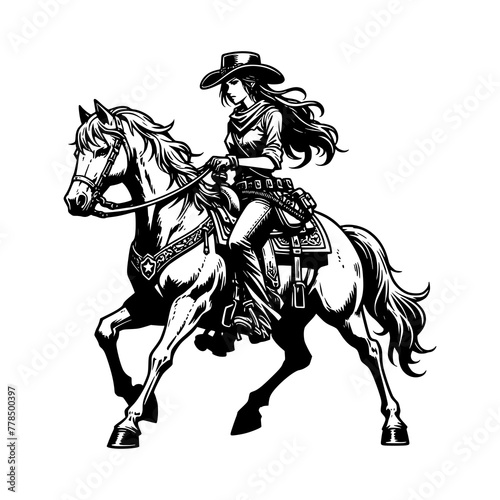 beautiful cowboy women riding horse hand drawn art style vector illustration