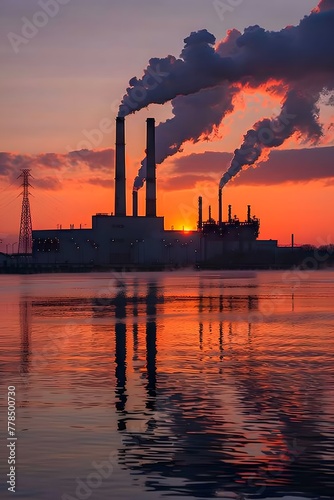 Industrial Dawn - Smokestacks Emissions - Environmental Impact 