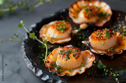 Close-up of baked scallops with breadcrumbs, lime, parsley and mint. Dark gray background. Seafood.