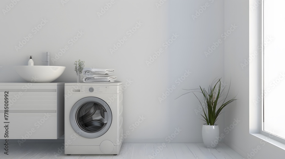 Laundry room with modern washing machine and hygienic wash basin on white wall background. Laundry room with modern washing machine and hygienic wash basin on white wall background.