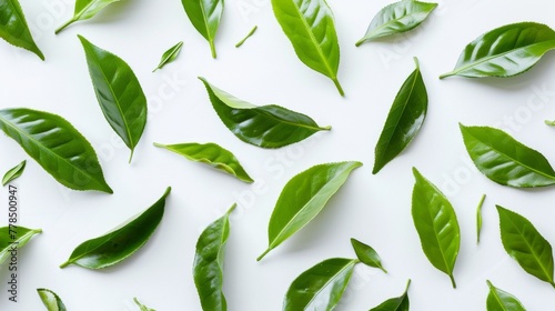 A close-up image of fresh green tea leaves scattered on a solid white table background. Isolated on white. Use for tea packaging, tea shops, and healthy eating concepts.