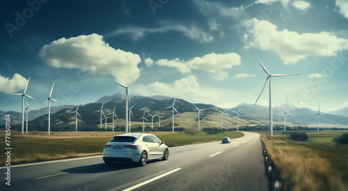 Car driving down road with wind turbines in background photo