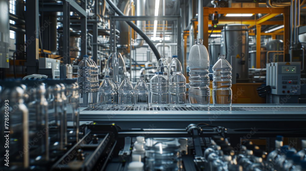 A plastic blow molding factory with blow molding machines and product molds, momentarily quiet but ready to produce plastic containers and bottles