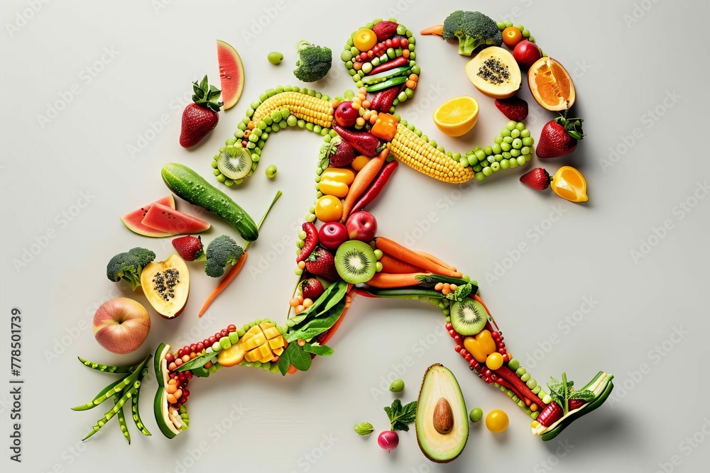 Running Man Made from Healthy Fruit and Vegetables, Healthy Lifestyle Concept Illustration