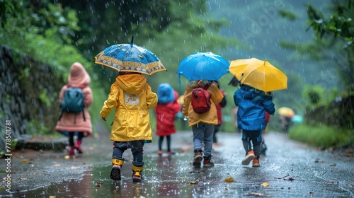 A group of children in colorful raincoats and umbrellas walk along a wet path, enjoying a rainy day on their way home from school, surrounded by lush greenery.