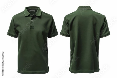 Front and Back Dark Green Polo Shirt Mockup, Cut Out on White Background, Clothing Apparel Fashion Concept