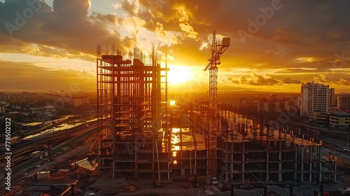 Aerial view of a construction site with a modern building under development, a golden sunset sky in the background.