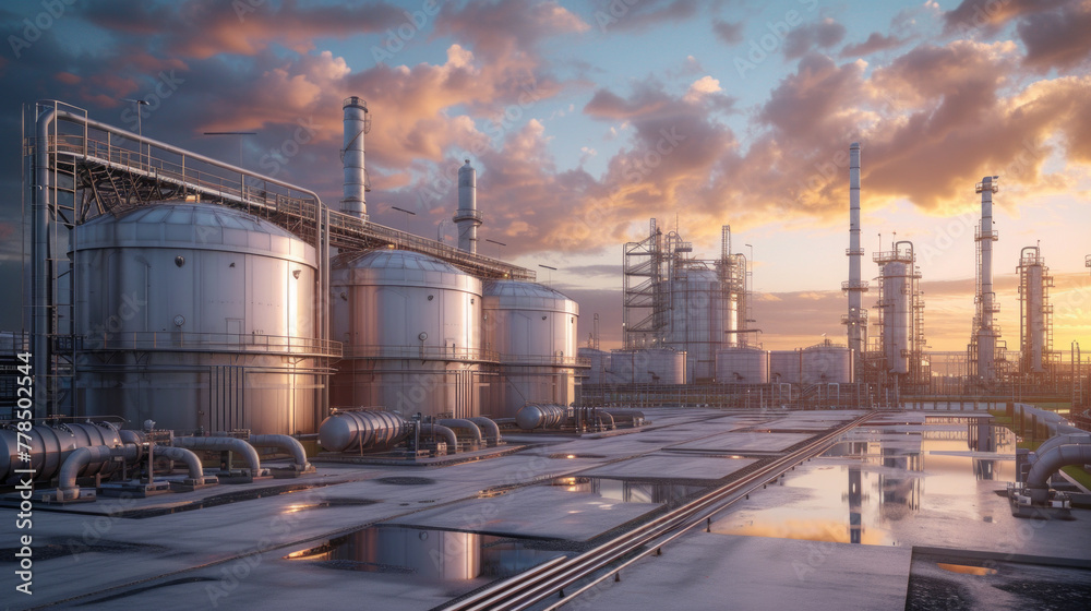 A chemical storage facility with storage tanks and containment systems, momentarily still but ready to store and handle hazardous chemicals safely A chemical storage facility with storage tanks and containment systems, momentarily still but ready to store and handle hazardous chemicals safely