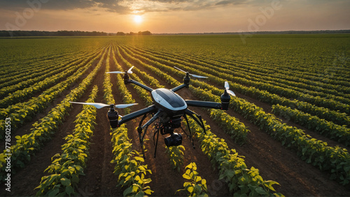 Agricultural drone flying over an agricultural field, scanning and analysing the crop. Smart agriculture, innovative technologies using artificial intelligence and 5G networks