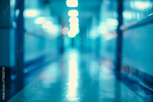 Blurred interior of a hospital hallway with soft lights, creating an abstract medical background, photo