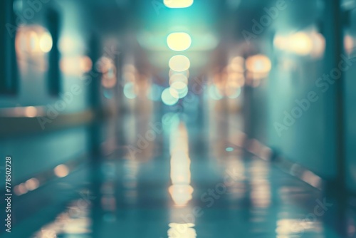 Blurred interior of a hospital hallway with soft lights, creating an abstract medical background, photo photo