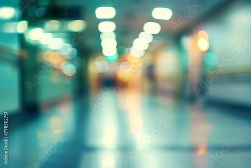 Blurred interior of a hospital hallway with soft lights, creating an abstract medical background, photo photo