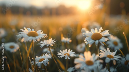 Chamomile field at sunset close-up