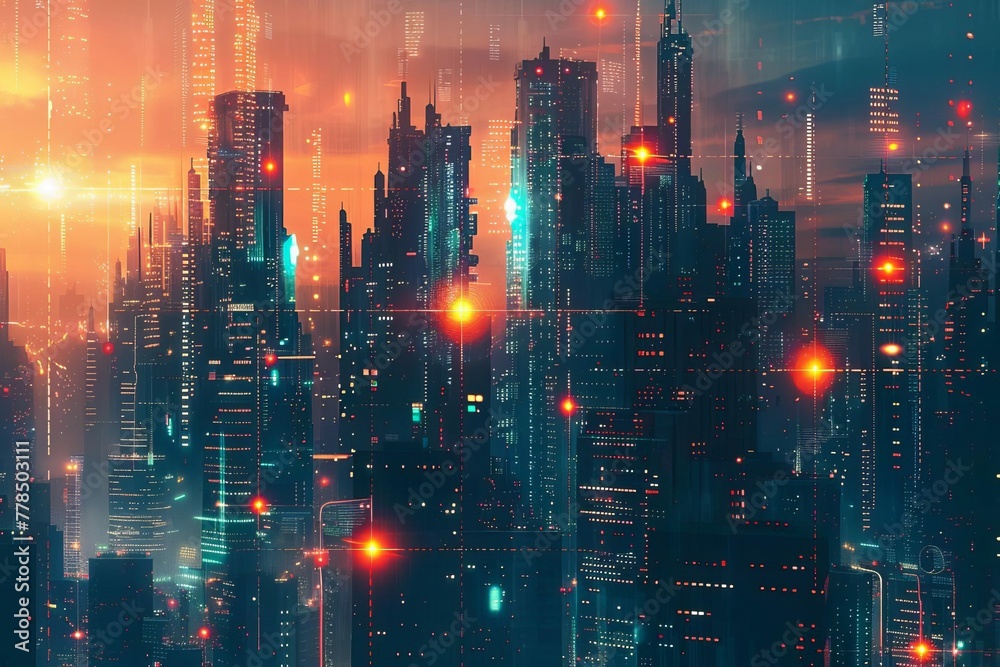Futuristic cyberpunk cityscape with glowing data networks, skyscrapers, digital art