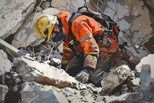 Rescue worker clearing rubble after earthquake disaster, heroic efforts, digital art © Lucija