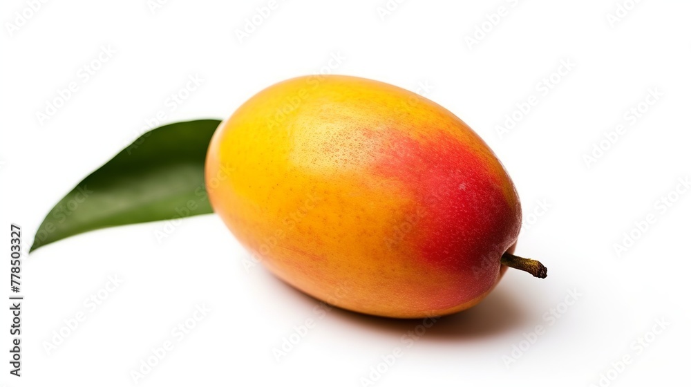 Mango fruit with water drops on a white background, close up