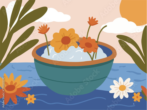 A Bowl of Refreshing Water. Blazing Summer. Blooming Flowers in a Sun-Drenched Bowl of Water. Vector Flat Illustration.