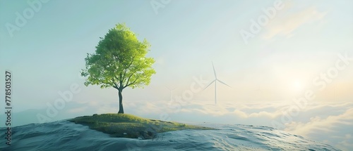 Harmony of Green Energy  Tree and Wind Turbines Above the Clouds. Concept Renewable Energy  Sustainability  Nature  Technology  Environment