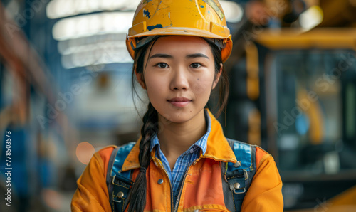 Young Chinese female heavy duty worker at work, realistic portrait, happy face. © RobertNyholm