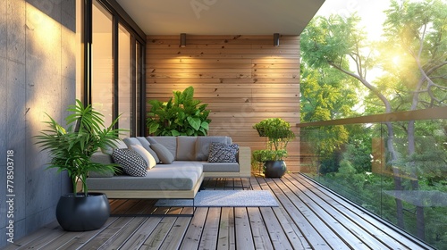 Modern wooden terrace with sofa and potted plants on the deck, overlooking green trees.