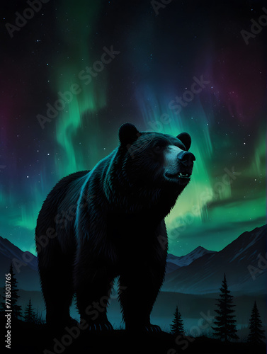 Majestic Bear Portrait, Northern Lights Silhouette