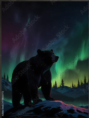 Majestic Bear Portrait, Northern Lights Silhouette