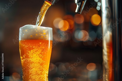 Cold beer pouring into glass from tap, pub background, refreshing draft beverage closeup