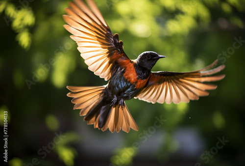 Colorful bird flying with wings spread