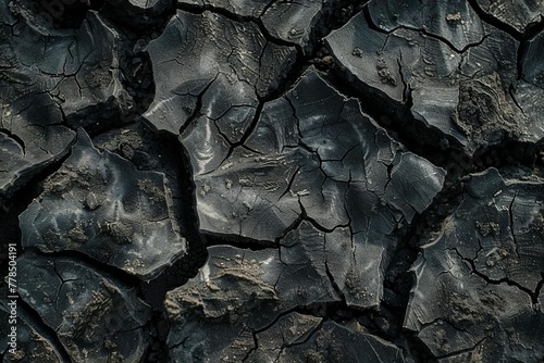 Dry cracked rough black soil surface texture background, arid land abstract closeup photo