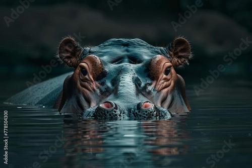 Majestic hippo submerged in tranquil waters, close-up portrait exuding serenity and power, wildlife photography © Lucija
