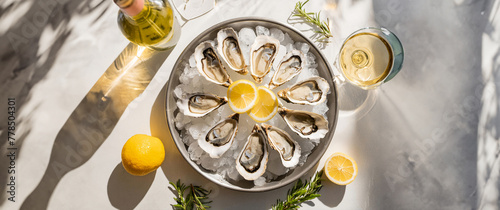 A high angle, wide landscape center justified photo of beautifully prepared raw oysters on the half shell, served on ice with white wine and Lemons on a carrara marble table surface - natural lighting photo