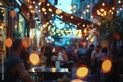 Bokeh lights illuminating lively street bar scene, people enjoying dinner and music together, vibrant urban nightlife photo