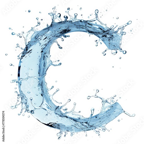 Blue water splash isolated on white background. Letter C water splash alphabet. Crescent Shaped Liquid Splash, Stylish Design for Tutorial.