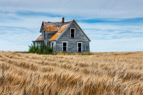 a farmhouse in the field of wheat