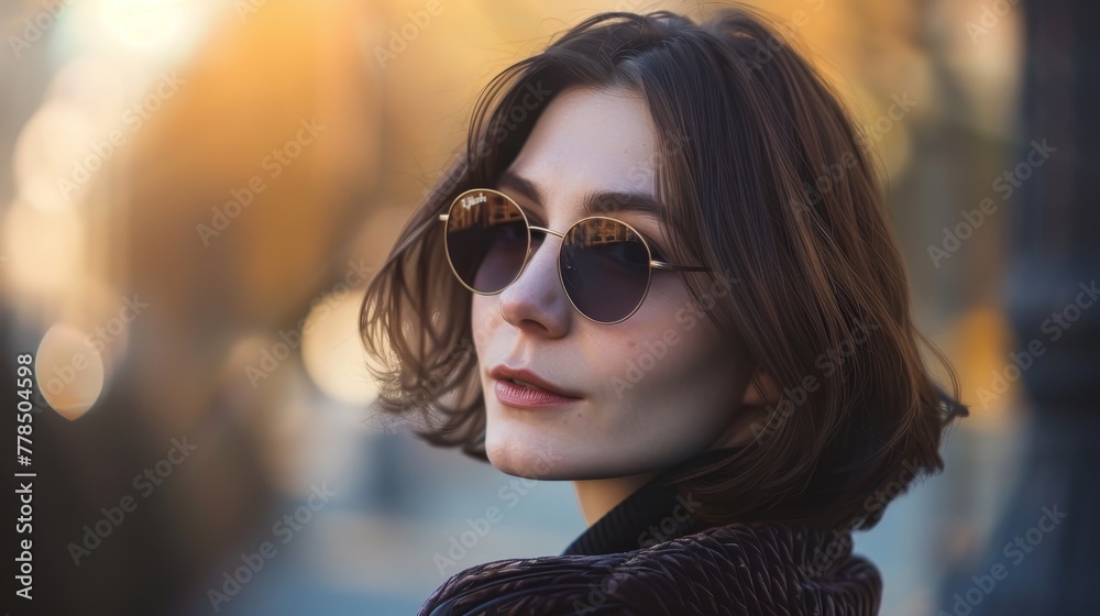 Outdoor portrait of a Caucasian woman with short brown hair wearing sunglasses, blurred background Outdoor portrait of a Caucasian woman with short brown hair wearing sunglasses, blurred background