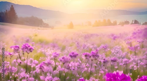 Wildflower field abstract watercolor moving and sparkling Watercolor beautiful rural landscape with sunrise and blossoming meadow Pink purple flowers flowering on spring field mp4 photo