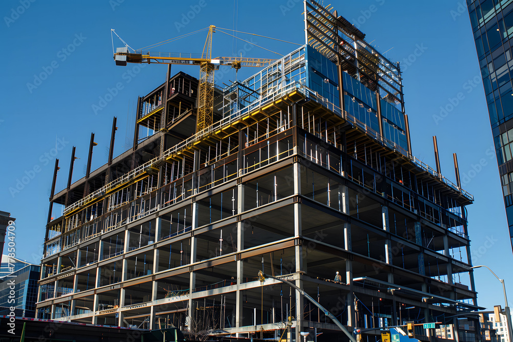 A construction site with cranes and buildings under clear blue sky, showcasing the industrial side of building development. 