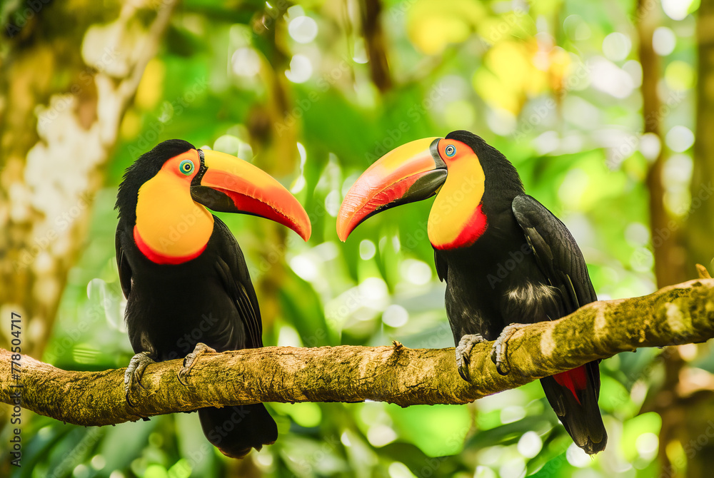 Fototapeta premium Toucan Toco Ramphastos stump on the branch of a tree in the forest