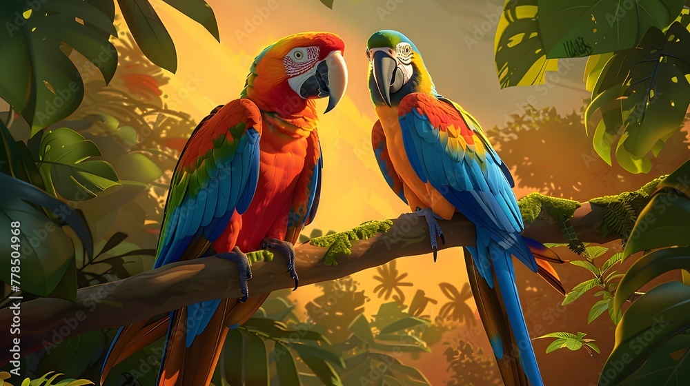 two macaws and a parot on tree branches in the jungle at sunrise - colorful parrots - rainforest beauty illustration