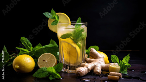 Closeup of drink - glass of water with lemons and herbs, mint inside, isolated on black background, also ginger, healthy immune systeme booster