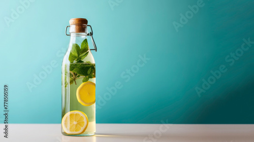 Closeup of drink - water bottle with lemons and herbs or mint inside  isolated on pastell blue background  healthy immune system booster