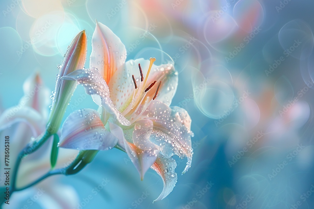 Zarte Lilien im Morgentau, ein Traum in Pastellblau in sanftem Licht mit ihrer natürlichen Schönheit 3 - obrazy, fototapety, plakaty 