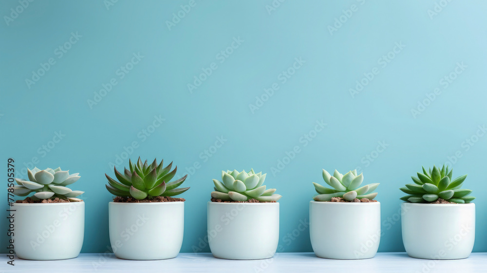 Obraz premium Closeup of natural botany potted plant or houseplant, cactus isolated on pastell blue background 