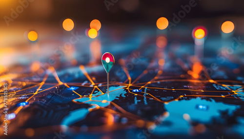 A digital map featuring interconnected location pins, symbolizing global network connectivity and geographic information technology. Concept of global connections and geolocation maps for business. photo