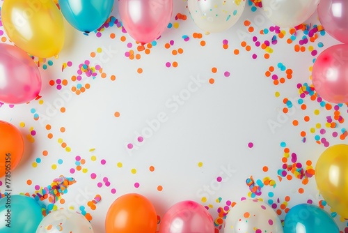 Charming frame decorated with colorful balloons and confetti.