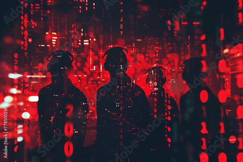 Faceless hackers shrouded in ominous red shadows, coding amidst abstract digital symbols, cybersecurity concept illustration