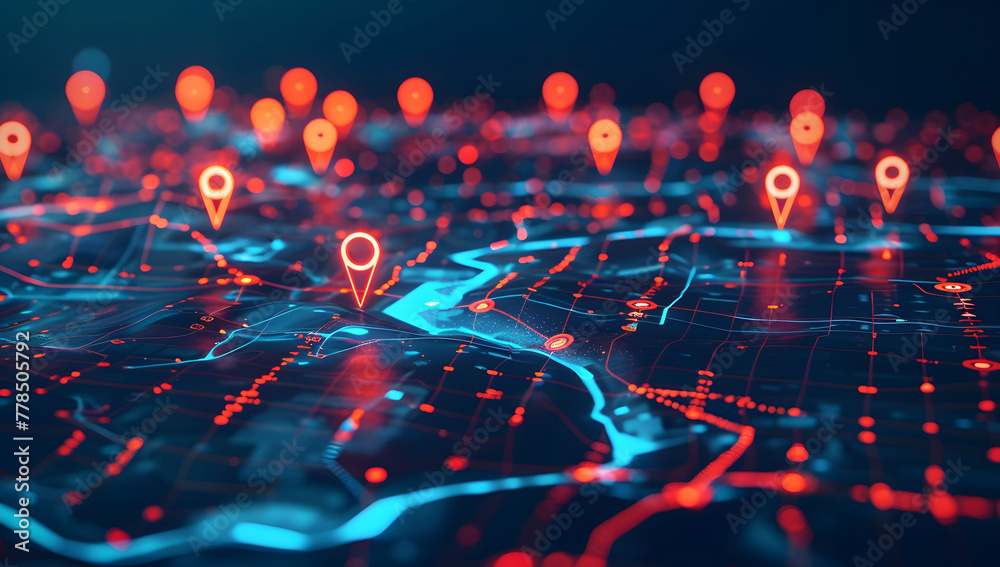A digital map featuring interconnected location pins, symbolizing global network connectivity and geographic information technology. Concept of global connections and geolocation maps for business. A digital map featuring interconnected location pins, symbolizing global network connectivity and geographic information technology. Concept of global connections and geolocation maps for business.