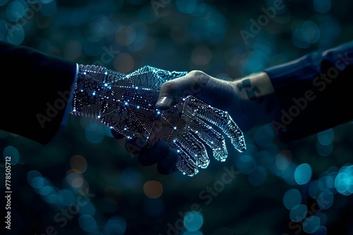 Futuristic handshake symbolizing crypto business partnership, finance prosperity and digital money technology, AI-generated image