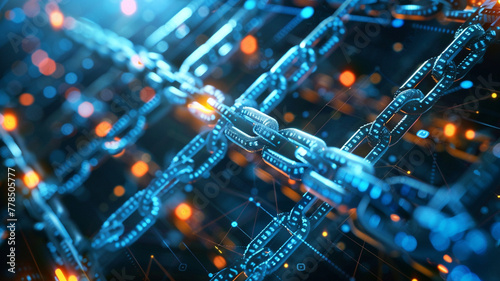 A high-resolution background of a blockchain network, with interconnected blocks and chains glowing in cryptographic sequence. photo